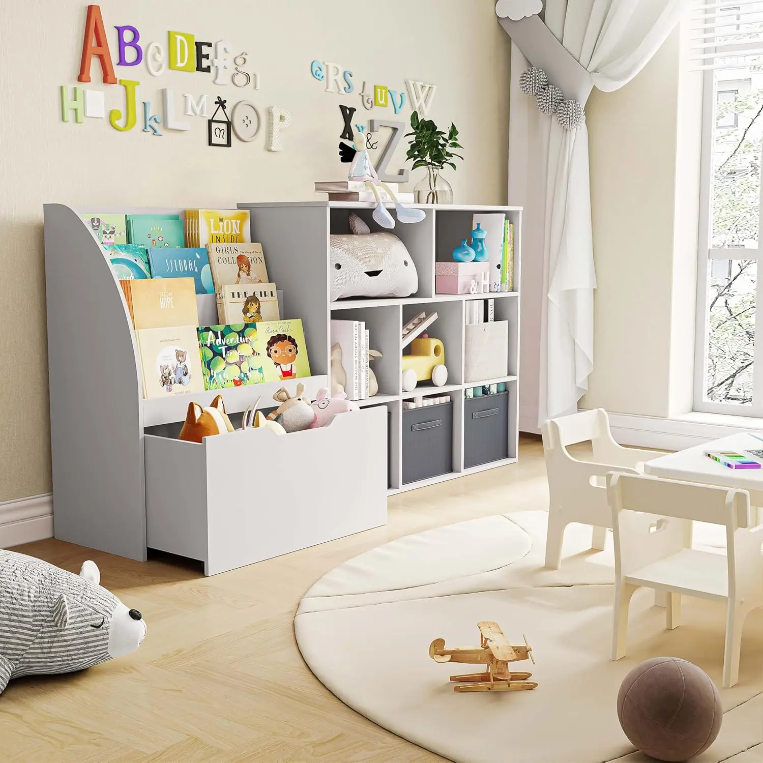 رف كتب للأطفال مع أدراج متحركة و3 صناديق، أبيض