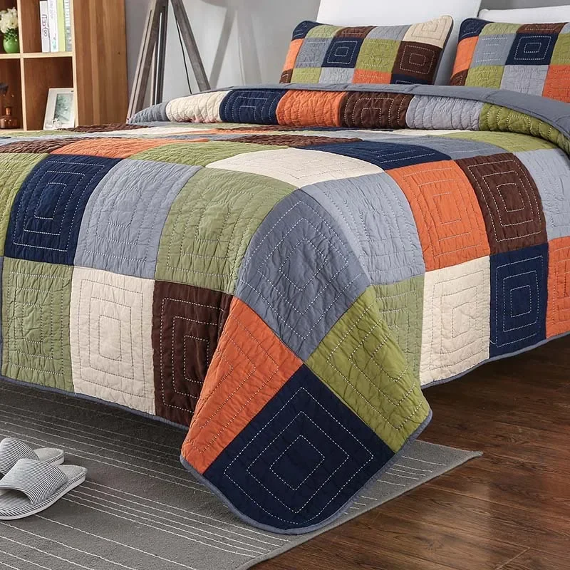 Handmade Patchwork Plaid Quilt Set 3-Pieces King Size 100% Cotton Breathable Bedspread for Bed All Season Home Decor Coverlet 3
