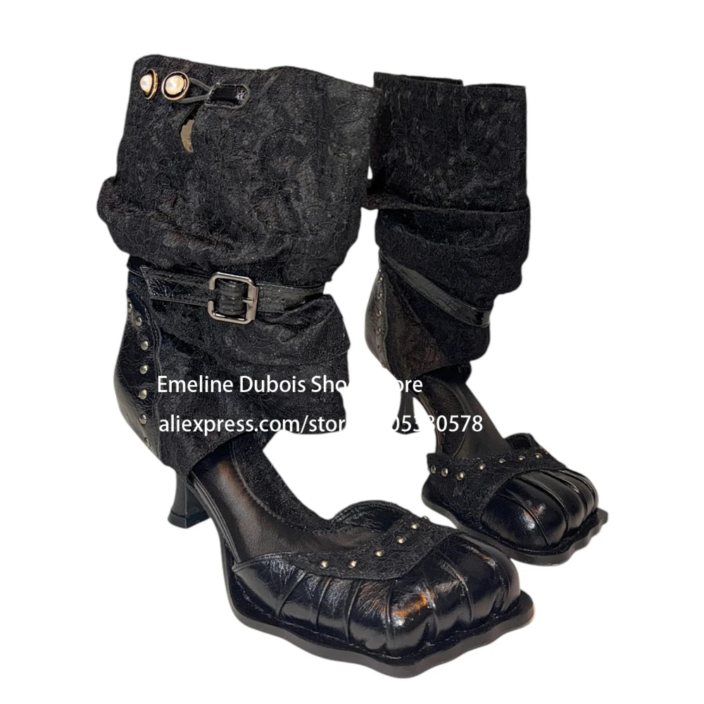

Studded 4 Toe High Heel Ankle Boots Cutout Lace Patchwork Velvet Flared Heel Buckle Strap Women Bootie Gothic Punk Streetwear