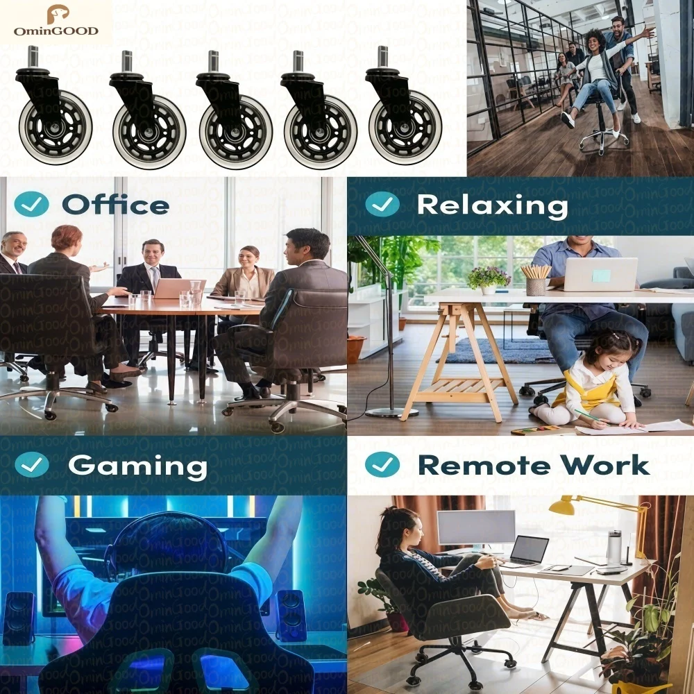 5PCS 3 Inch Silent Swivel Rubber Office Chair Casters Heavy Duty Replacement Wheels for Hardwood Floor Carpet Gaming Desk Chair view 5