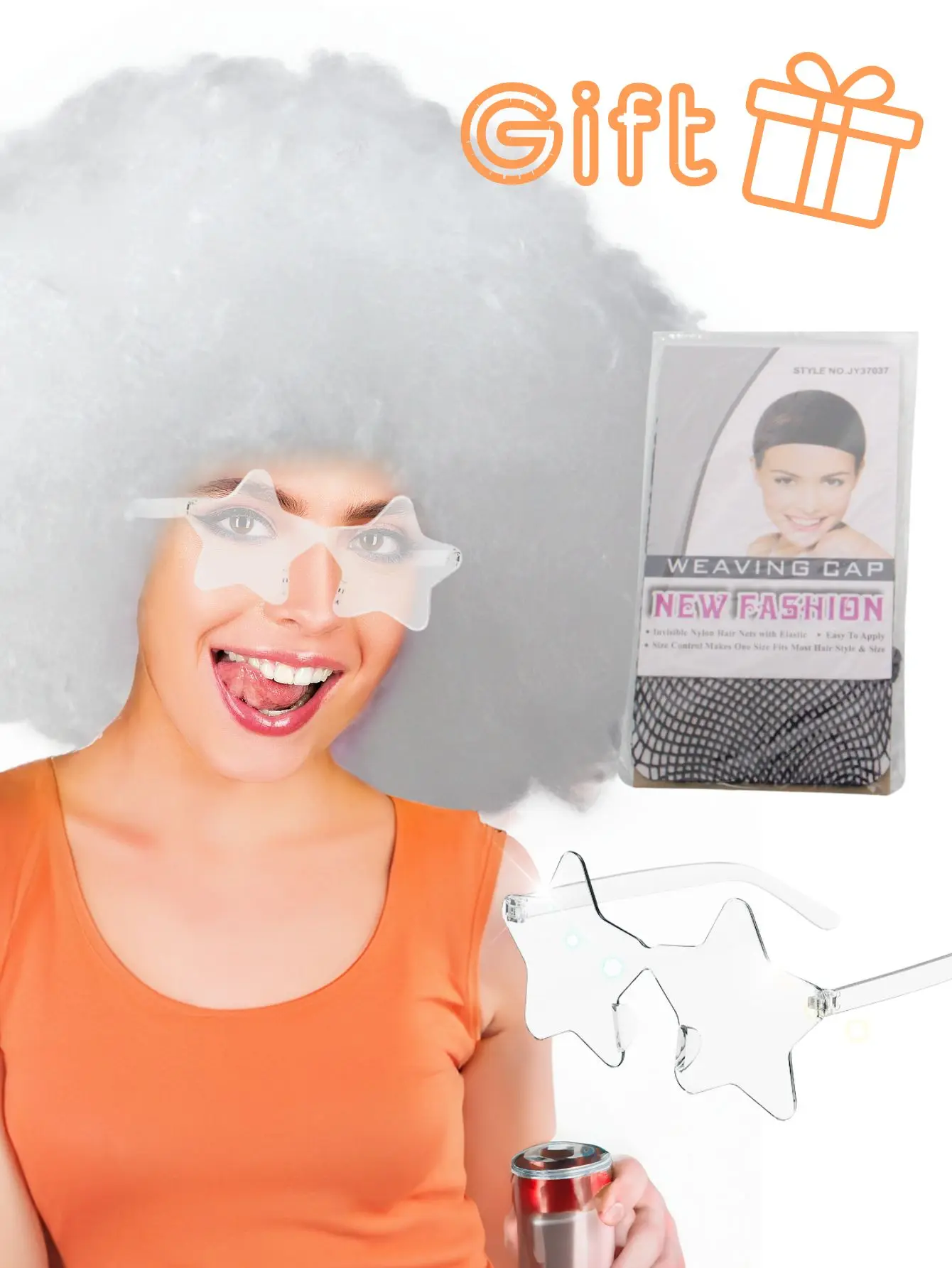 Oversized pluizig krullend haar pruik meerkleurig hittebestendig synthetische vezel met plus bril voor feest