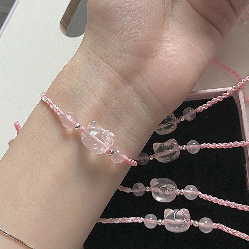 Kawaii HelloKittys Bracelet Y2k Pink Bracelet Lucky Girl Braided Bracelet Sweet Cute Pendant Good Friend Couple Jewelry Gift