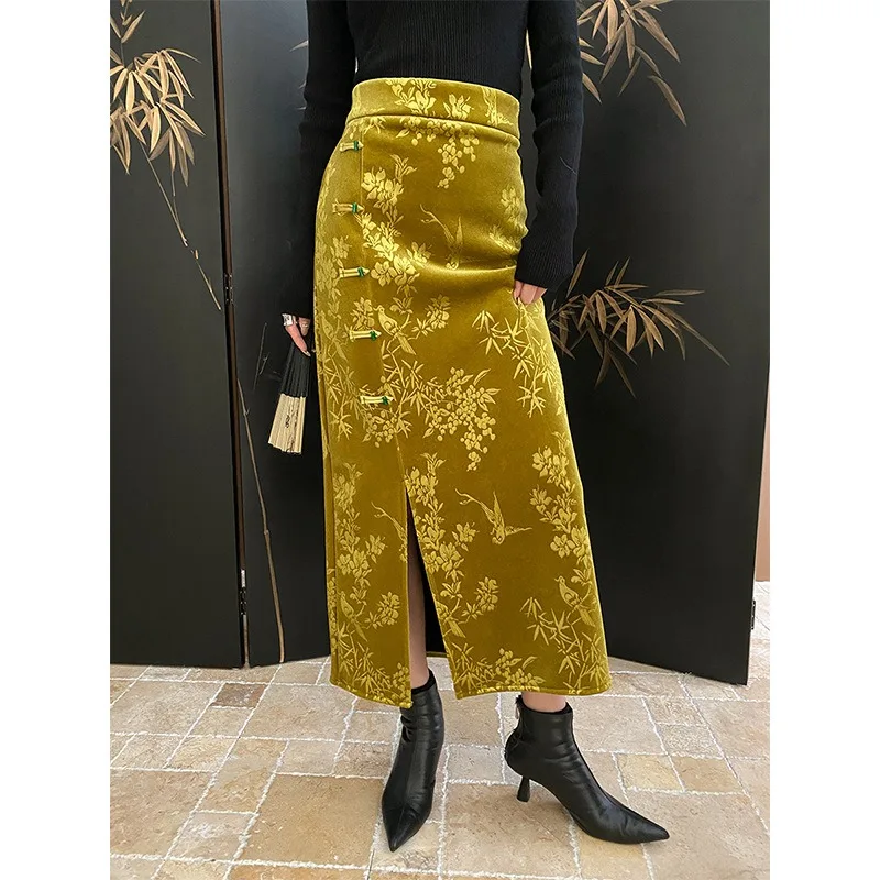 New Button Bamboo Jacquard Thickened Side Split Velvet Women's Skirt