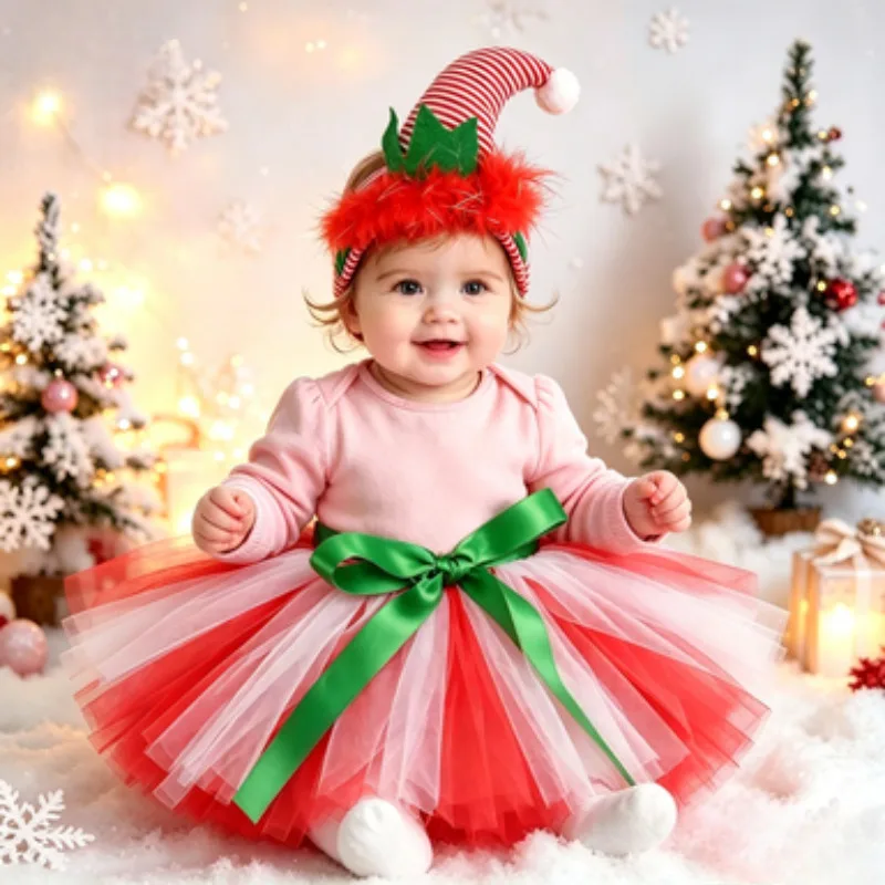 

Girls' Christmas Tutu Skirt Set, European Style Tulle Puffy Dress with Christmas Hat, Sweet Fluffy Short Skirt for Christmas