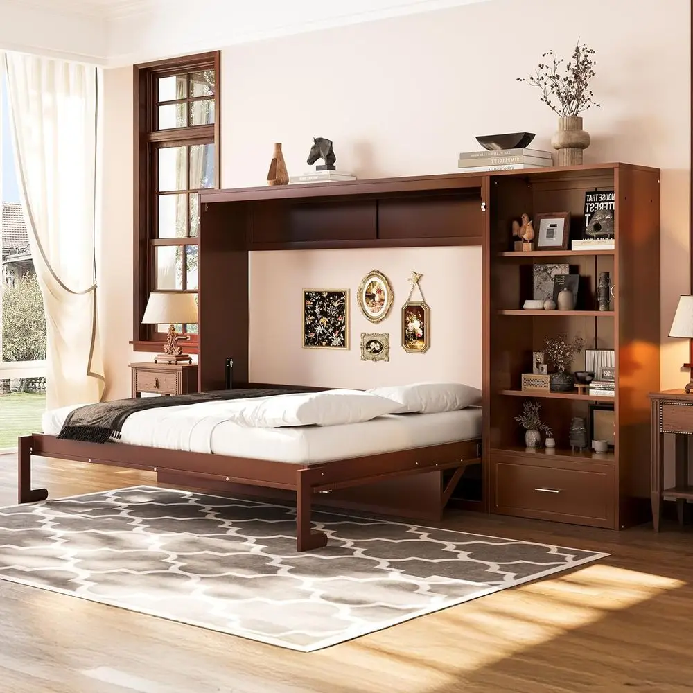 

Walnut Queen-Size Horizontal Murphy Bed with Desk, Storage, Shelves, and Movable Cabinet for Space-Efficient Living