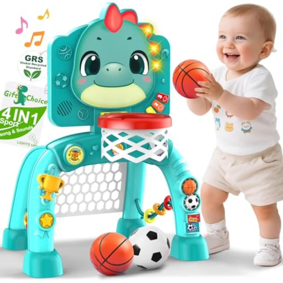 

Dinosaur Sports Play Toy: 4-in-1 Multifunction Indoor Outdoor Activity Basketball Toss Ring Throw Ball Play and Music Lights to