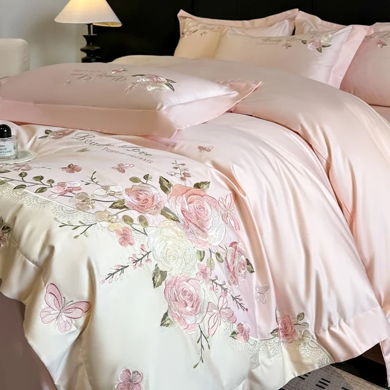 100% Cotton Bedding Set Luxury Flowers Butterfly Embroidery Quilt/Duvet Cover Fitted Bed Sheet Sets Pillowcases Home Textile