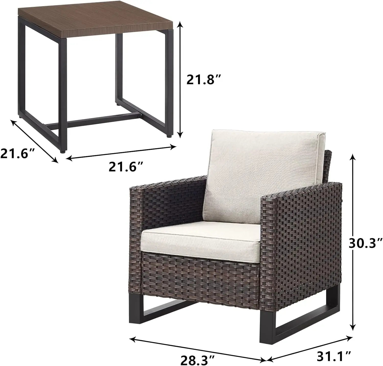 Outdoor Chair Patio Furniture Chairs - 3 Piece Wicker Furniture Set, 3PC PE Rattan Patio Bistro Set w/ Cushions & Side Table