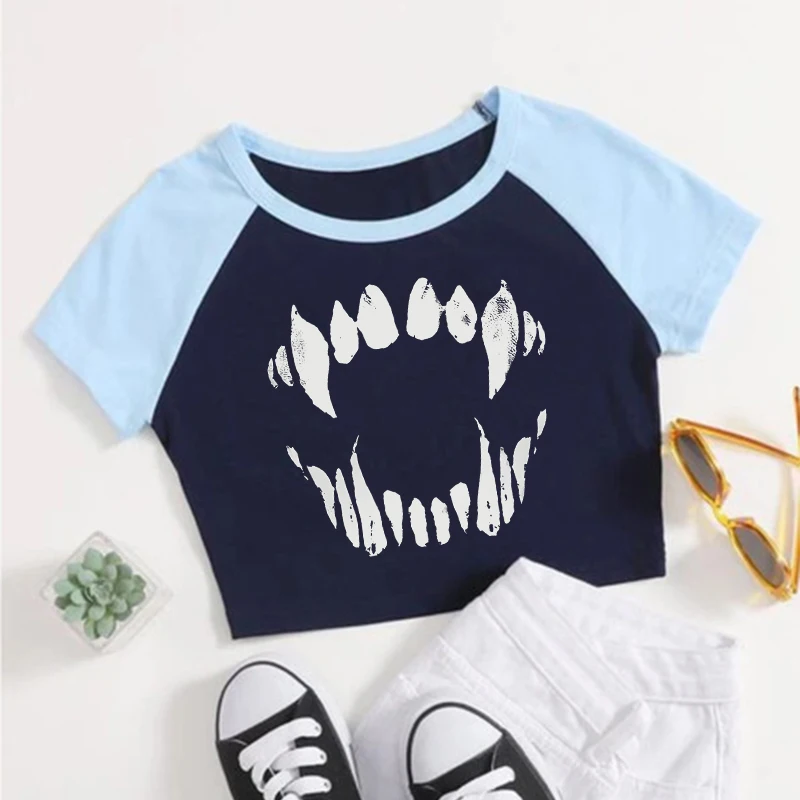 

Goth Punk Harajuku Aesthetics Crop Top Women's Y2K High Street Hip Hop Fashion Loose Tee Creative Tooth Pattern Printing T-shirt