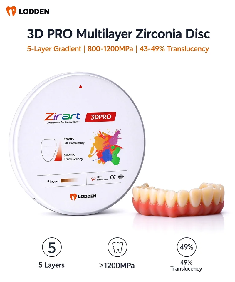 LODDEN 3D PRO Mehrschichtiger Zirkonoxid-Block Dental-Zirkonoxid-Scheibe 98mm 800-1200MPa 43-49% Transluzenz CAD CAM Dentallabor-Material – Detail 1