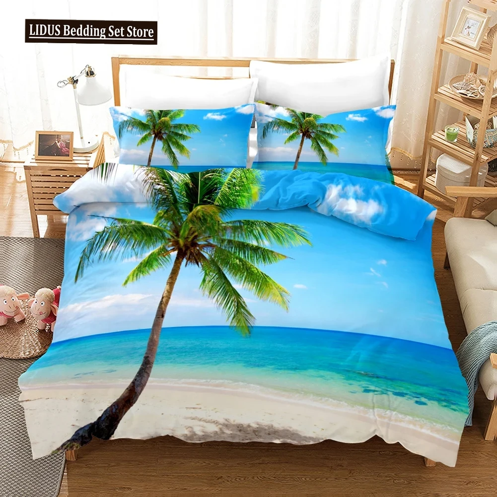 

Beach Duvet Cover Set Polyester Tropical Island With The Palm Tree And Sea Beach Nature Theme Double Queen King Size Quilt Cover