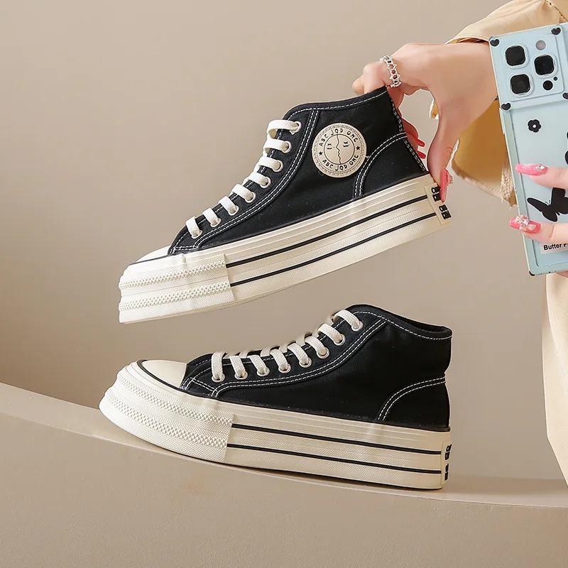 

Women High Top Sneakers Lace-Up Casua Plarform Height Canvas Non-slip Wear Resistant2024 Spring Female Vulcanize Shoes for Women