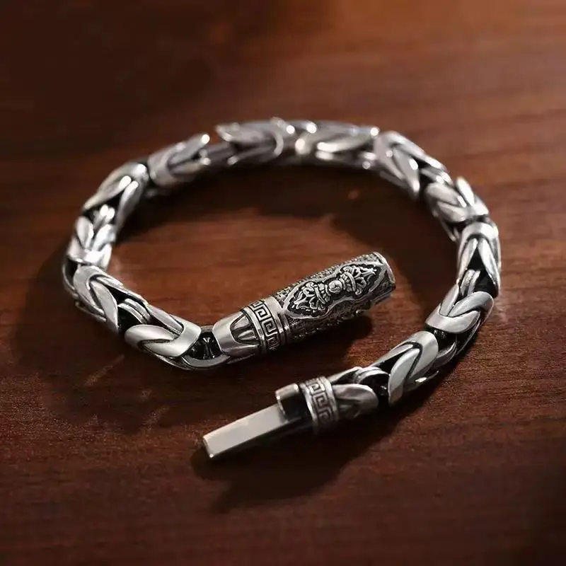 S925 Sterling Silver Six Character Mantra Diamond Pestle Woven Safety Pattern Bracelet, Men's Retro Ethnic Style Retro Pattern