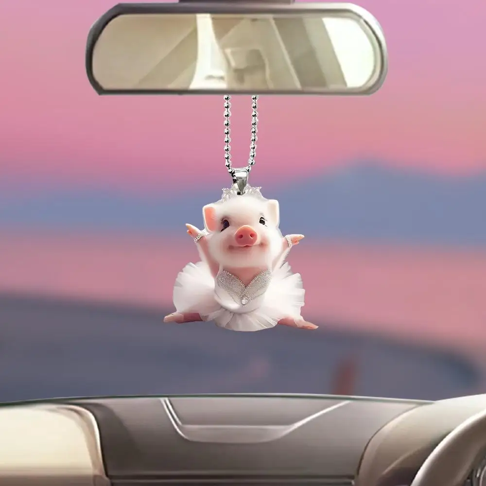 Fashion Cute Piggy Car Interior Pendant Keychain Cartoon Princess Ballet Milk Tea Pig  Schoolbag Accessories Keyfob Jewelry Gift