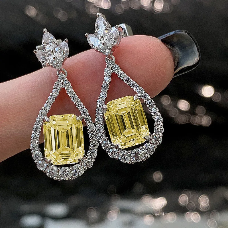 

S925 Silver Ear Stud 12ct Yellow Diamond 8 * 10 High Carbon Diamond Fashion Simple Daily High Grade Earring Jewelry