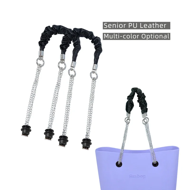 

New 1 Pair fold leather handles straps Silver Long Double Chain With Black Screws Pleat Belt for OBag O Bag Women Handbags