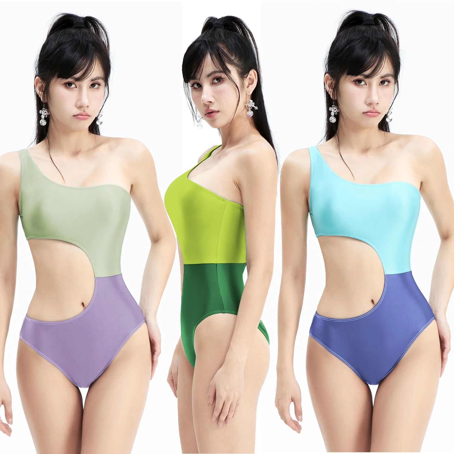 AMORESY Asymmetrical One-Shoulder Waist Hollowed Spandex One-Piece Swimsuit Slimming Resort Swimwear