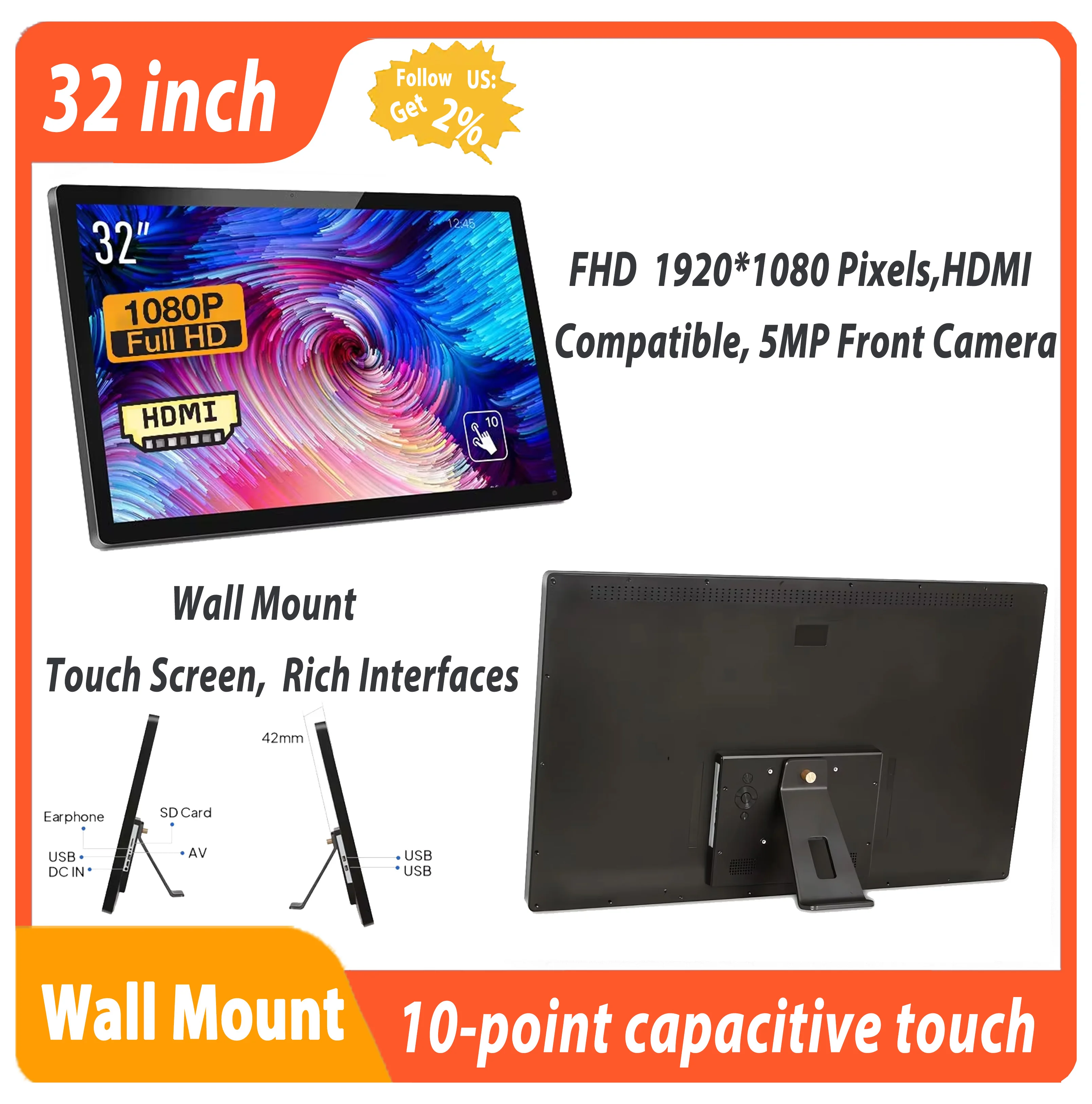 32 Inch Wall Mount FHD IPS Touch Screen Monitor LED Backlight Capacitive 1080P Display 5MP Camera Android Windows HDMI AV Input