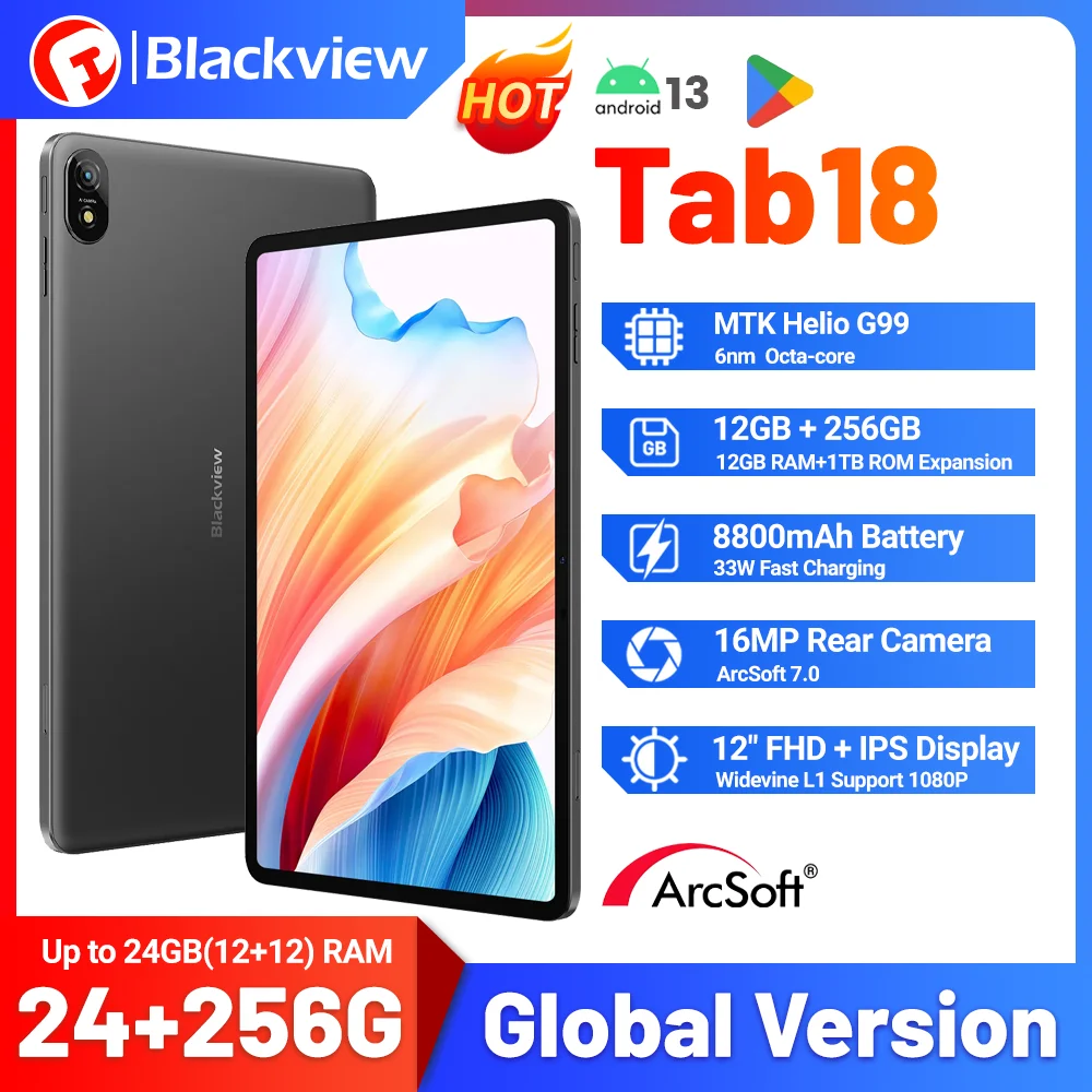 Blackview 탭 18 태블릿 글로벌 버전, 12GB + 256GB,12 인치 태블릿 PC ,8800mAh Helio G99 ,2.4K FHD + 디스플레이