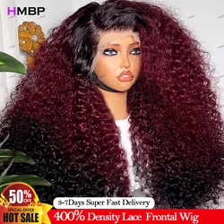 Ombre 99J Burgundy Glueless Wigs Human Hair Kinky Curly 13x6 Hd Lace Frontal Wig Human Hair Wear Go Preplucked Curly Wigs 34Inch