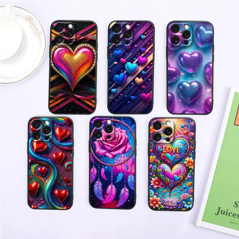 

Purple Art Love Heart Phone Case For Apple iPhone 17 16 16E 15 14 13 12 11 Air Pro Max Plus Black Soft Silicone Cover