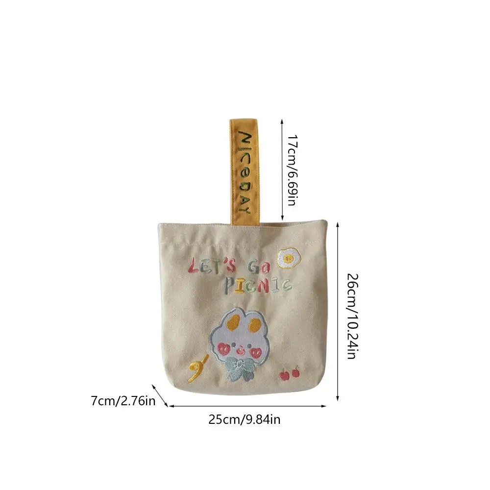간단한 만화 패턴 자수 캔버스 가방, 토끼 곰 핸드헬드 버킷백, 한국 스타일, 대용량 도시락 가방, 소녀