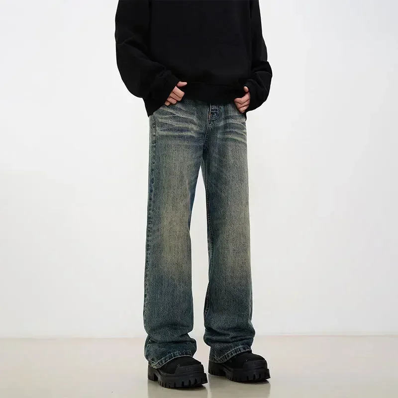 

American Made-old Retro Blue Straight Leg Jeans, Men's New Fashion Micro Flare Pants, Water Washing Casual Floor-length Jeans