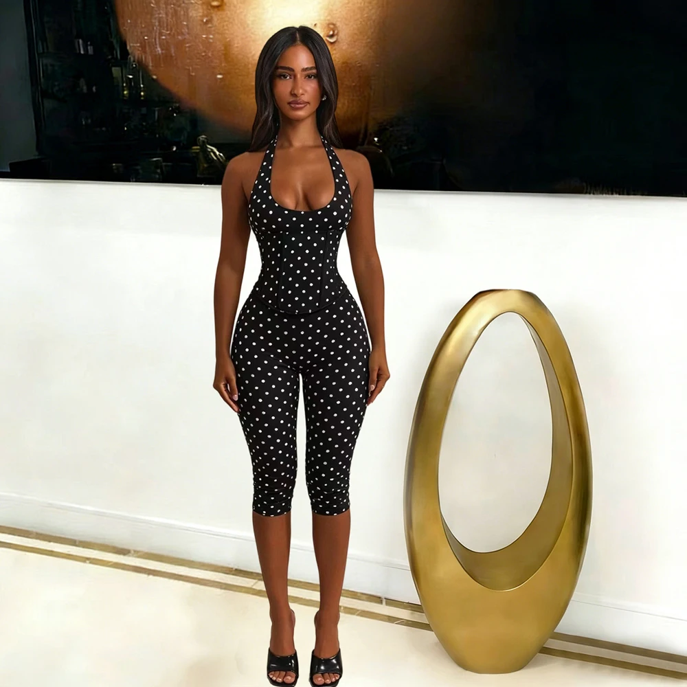2026 Fashion Summer Women's Jumpsuit with Zipper Halter Backless Romper Polka Dot Print Lace-up Slim Sleeveless Playsuit Outfit - Image 6