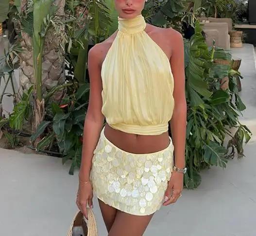 

Women's Vest 2026 Summer New Fresh Sweet Sexy Elegant Vacation Style Backless Lace Up Slim Fit Sleeveless Hanging Neck Vest