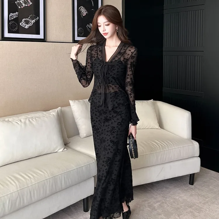 Ele dentelle brûlée fleur haut ensemble femmes printemps été automne nouveau Sle transparent ceinturé Dr beau Ba Faionable...