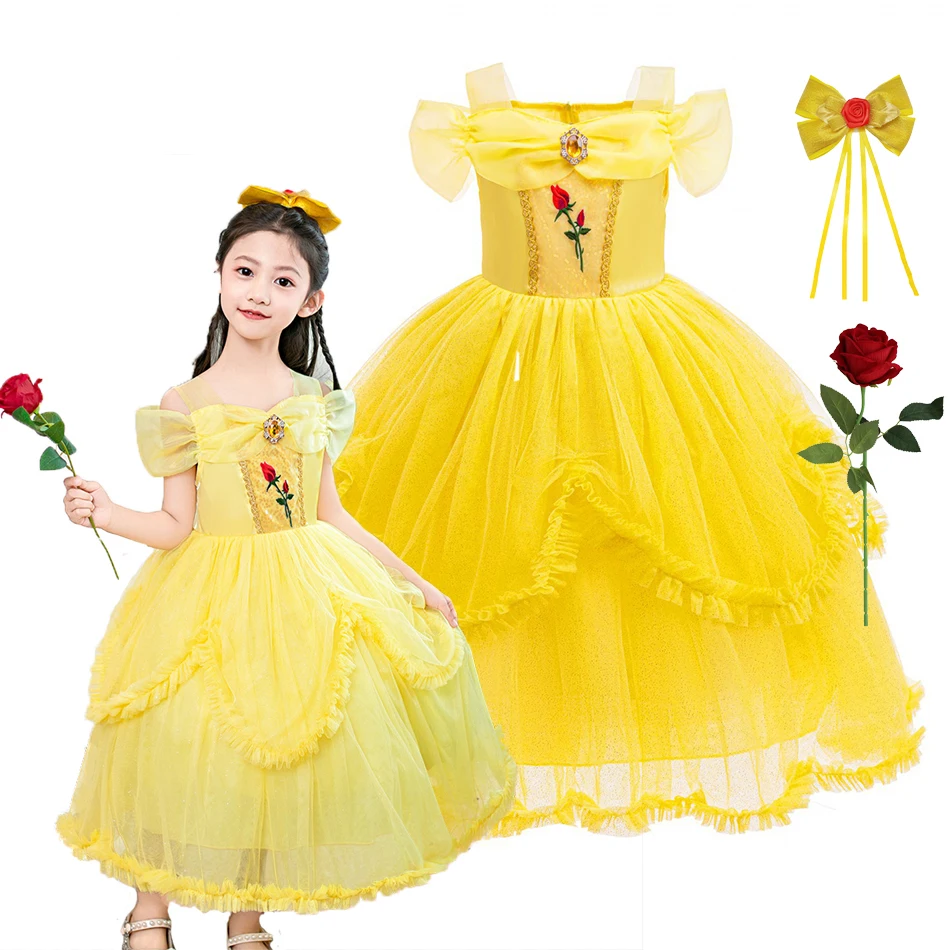 Beauty and The Beast Belle Princess Costume Girls Yellow Rose Decoration Mesh Puffy Dress Halloween Birthday Party Ball Gown