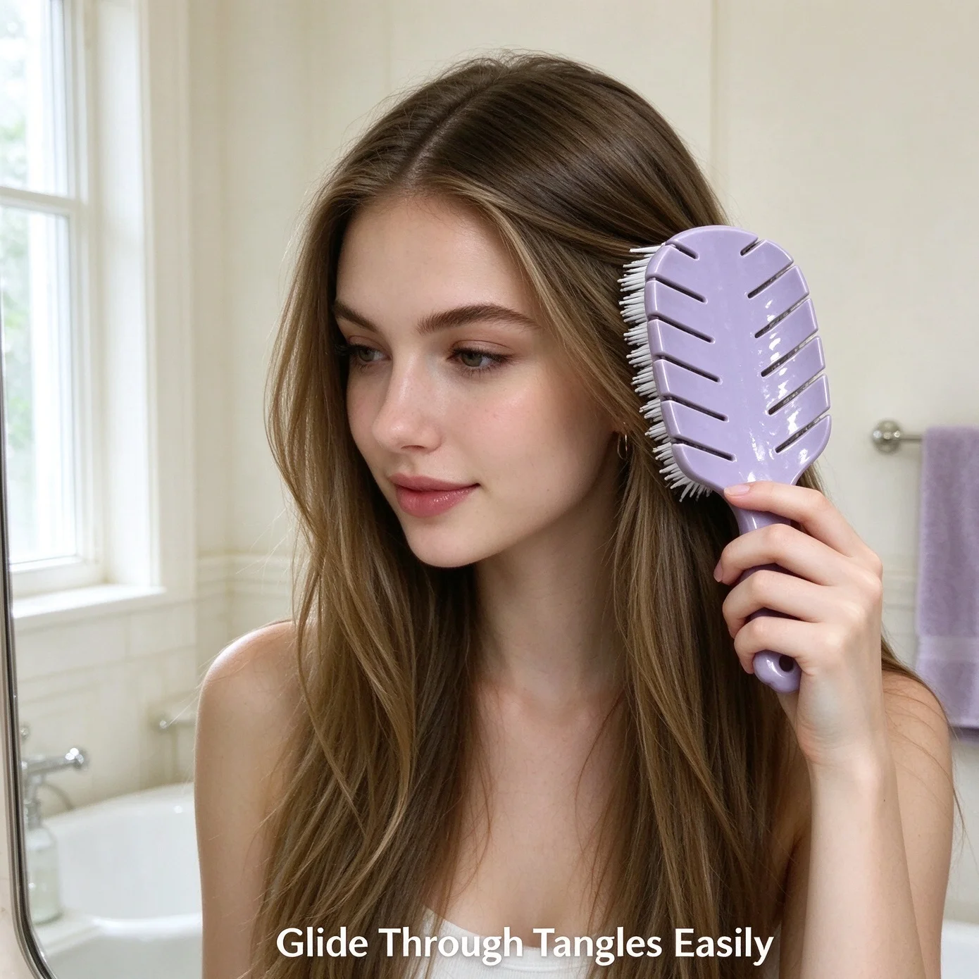 Light purple perforated portable smooth hairbrush, featuring a ventilated design for quick drying.