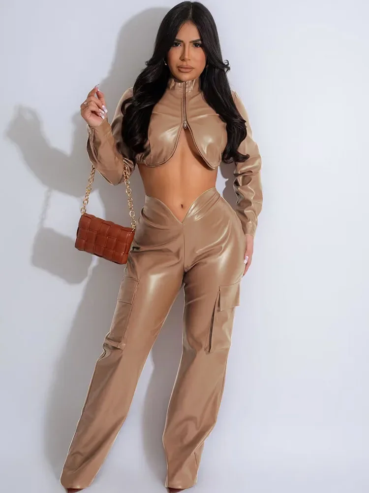 PU Faux Leather 2 Piece Sets Women Outfit Clubwear Y2K Clothing Zipper Crop Top and Pockets Wide Leg Pants New in Matching Sets