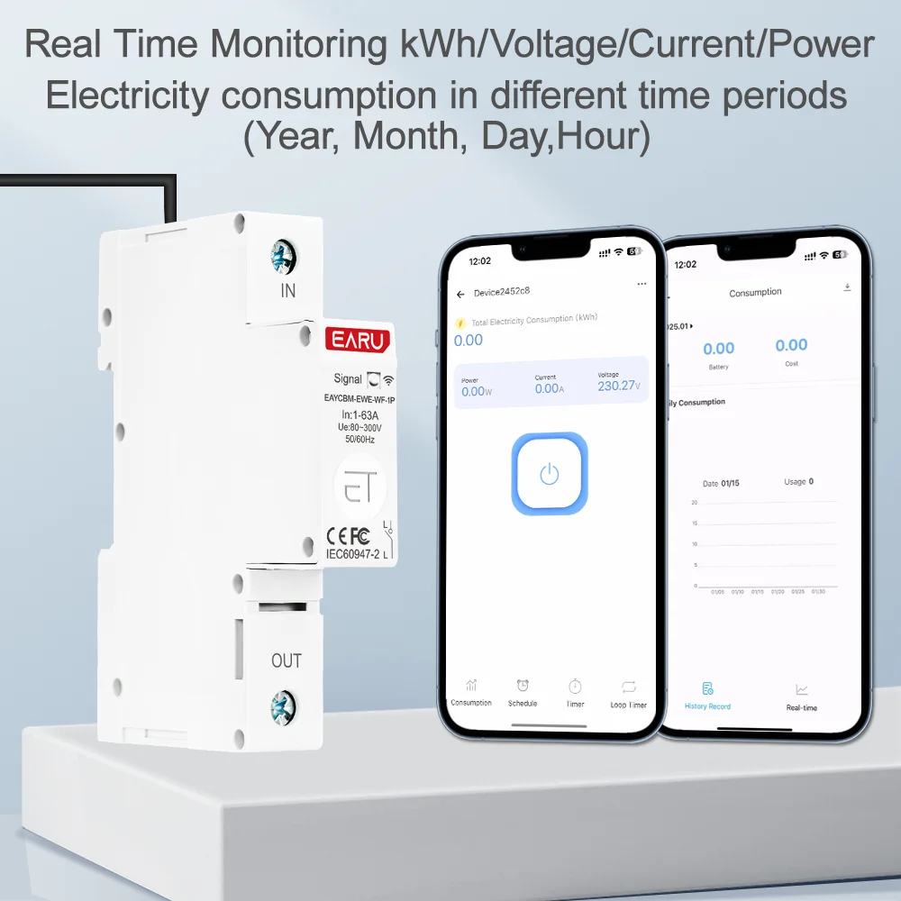 1P Din Rail WIFI Smart Energy Meter Power Consumption kWh Meter Circuit Breaker Time Timer Switch Relay Voltmeter for Smart Home