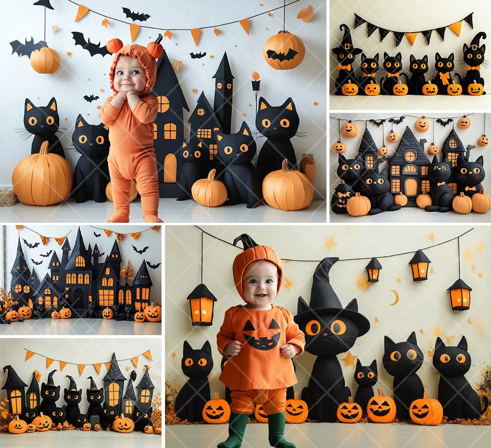 

Mehofond Photography Background Spooky Halloween Fun Black Cat Pumpkin Kids Birthday Party Portrait Decor Backdrop Photo Studio