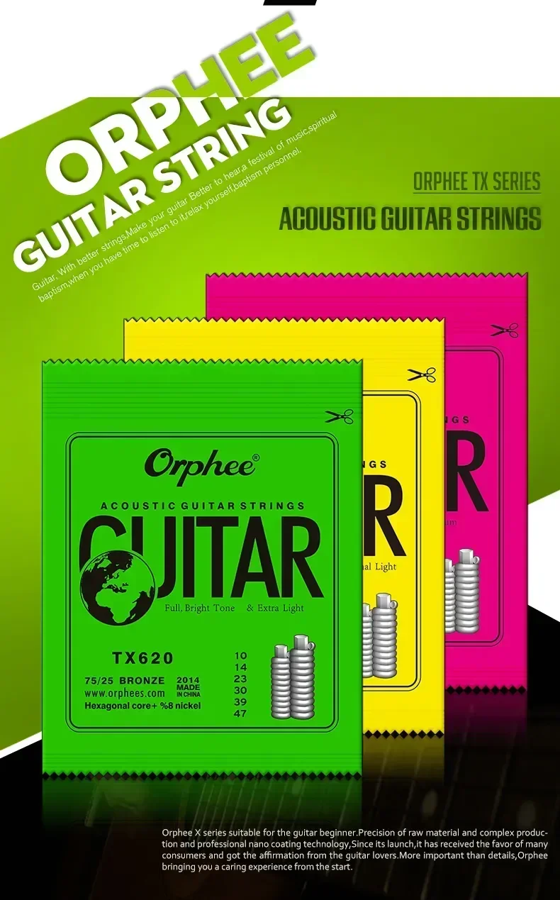 Orphee Akustikgitarren-Saiten TX620/TX630/TX640 X-Serie Kohlenstoffstahl Sechseckige Legierung Messing Folkgitarren-Saiten für Anfänger und Übung – Detail 4