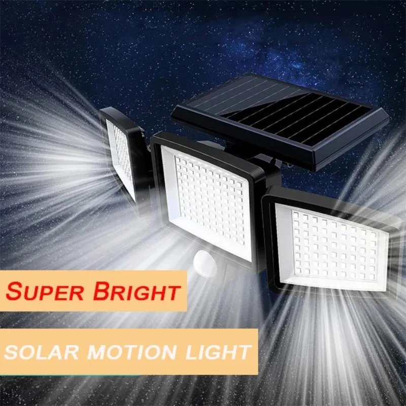 Lampu Luar Ruangan Tenaga Surya Remote Control 3 Kepala Lampu Sensor Gerak IP65 Tahan Air 270 Sudut Lebar Lampu Dinding Banjir dengan 3 Mode