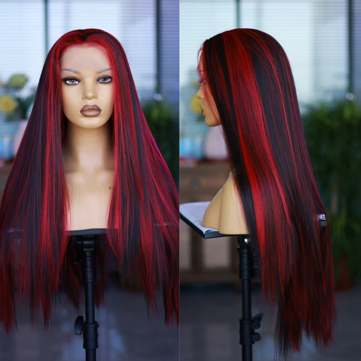 Black Red Stitching Synthetic HD 13*4 Front Lace Long Straight Wig Natural Hair Line Fashion Beautiful Gift Party Cosplay Wig