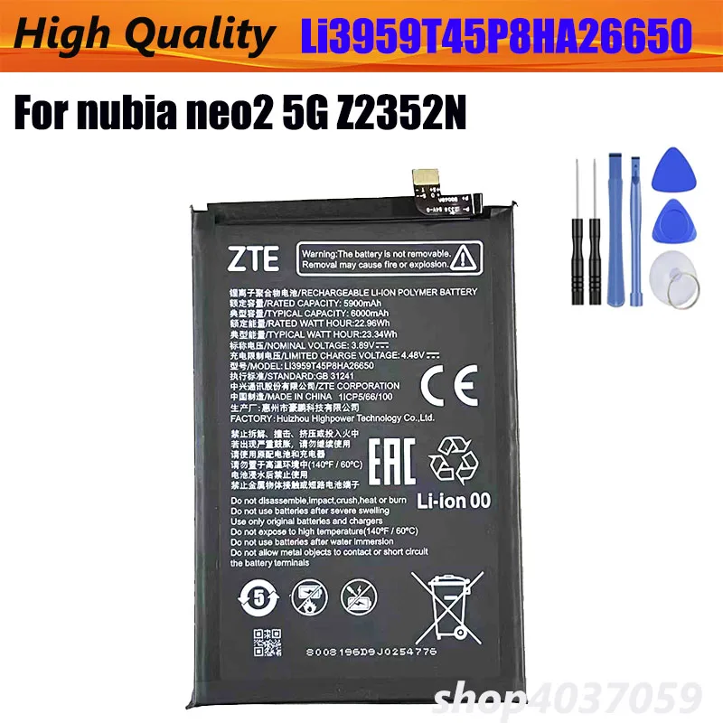 

Genuine High Quality Li3959T45P8HA26650 For nubia neo2 5G Z2352N ZTE Phone Replacement Battery Batteria + tool