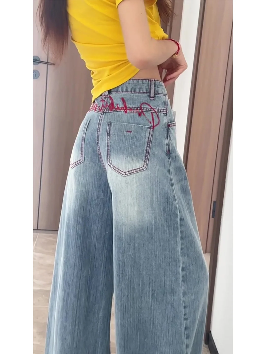 

Summer 2026 Slim Fit American Style Denim Jeans Women's Pear Shaped Washed Wide Leg Pants Pockets Embroidery Casual High Waist