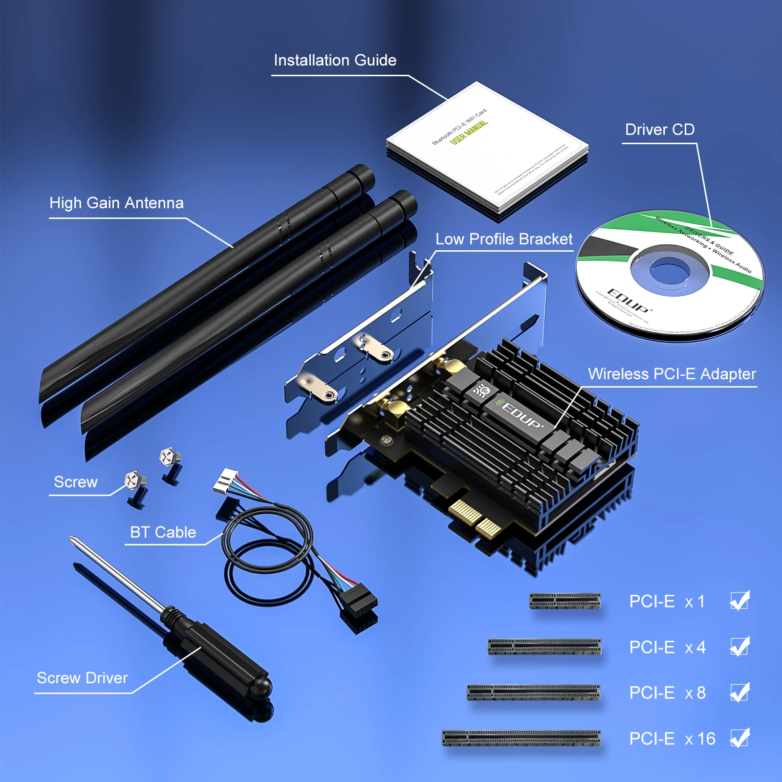 EDUP Wi-Fi 6E Intel AX210 PCI-e Adaptor Jaringan Wifi Nirkabel 2.4Ghz 5.8Ghz 6Ghz Kartu WiFi Bluetooth5.2 PCI Express Win10 11