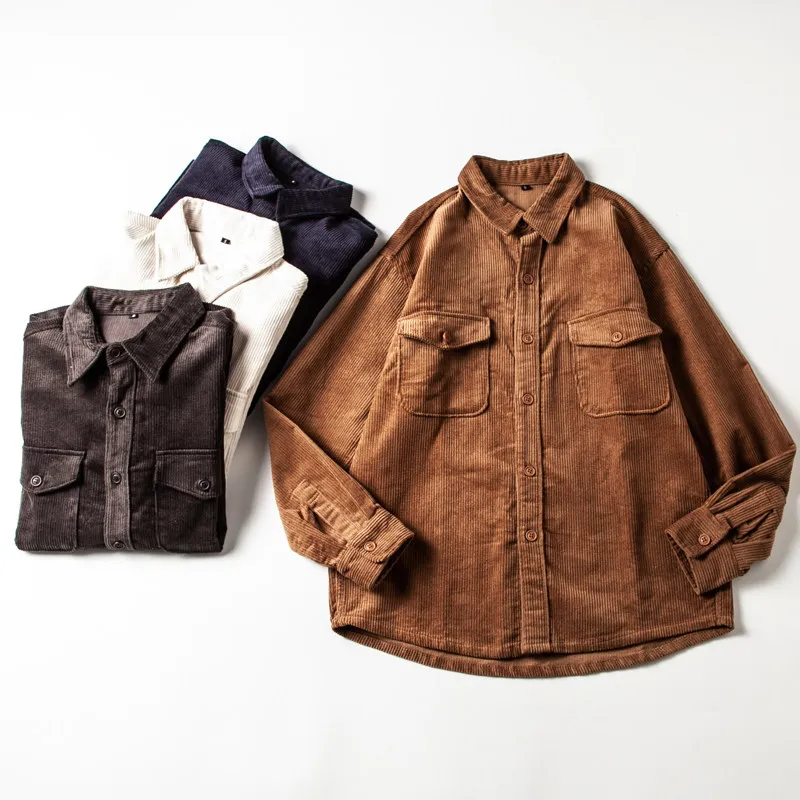 Unisex Oversize Loose-Fit Corduroy Workwear Shirt Men's Japanese Vintage Style Long Sleeve Casual Top Perfect for Autumn Winter