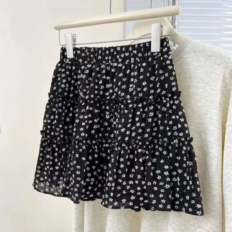 تنانير نسائية مطبوعة باللون الأسود Feminino بسيطة بخصر مطاطي كاجوال للسيدات شارع العليا ريترو على شكل حرف a على الطراز الكوري صغير الكل مباراة #3