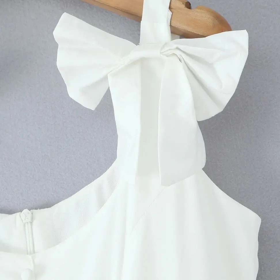 2025 Sexy White 3D Bow Strap Midi Long Tank Dress Women Slim Low Waist Spliced Lace Pleated Hem Swing Sling Dresses Party Robe