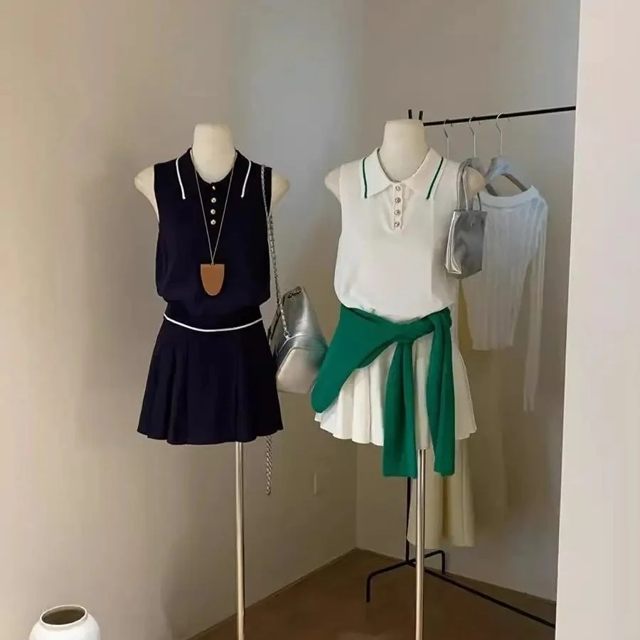 

Women's Knitted Suit Sleeveless Polo Collar Top+Mini Pleated Skirt American Preppy 2-Piece Set 335A Summer Tennis Sprotwear