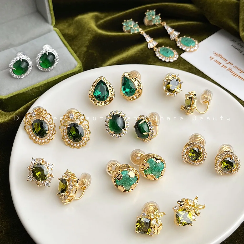 DIY accessories Light luxury emerald zircon ear clips without ear piercings French retro flower earrings women's high-end mosqui