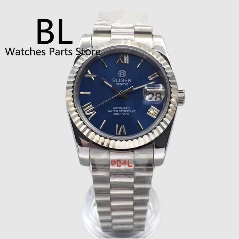 BLIGER-Montre automatique pour homme, placage NH35, mouvement zhu ata yota PT5000, lunette cannelée, saphir, verre, cadran bleu, Oyster Jubys, 36mm,