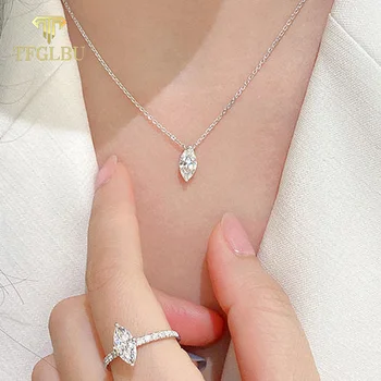 TFGLBU Trendy Certified 5*7mm Marquise Cut 1CT Moissanite Necklace for Women Shine Wedding Necklace S925 Silver Jewelry
