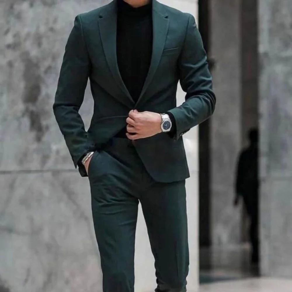 Chic Solid Men Suits 2 Piece Formal Notch Lapel Single Button Outfits Smart Casual Office Wedding Tuxedo (Blazer+Trousers)