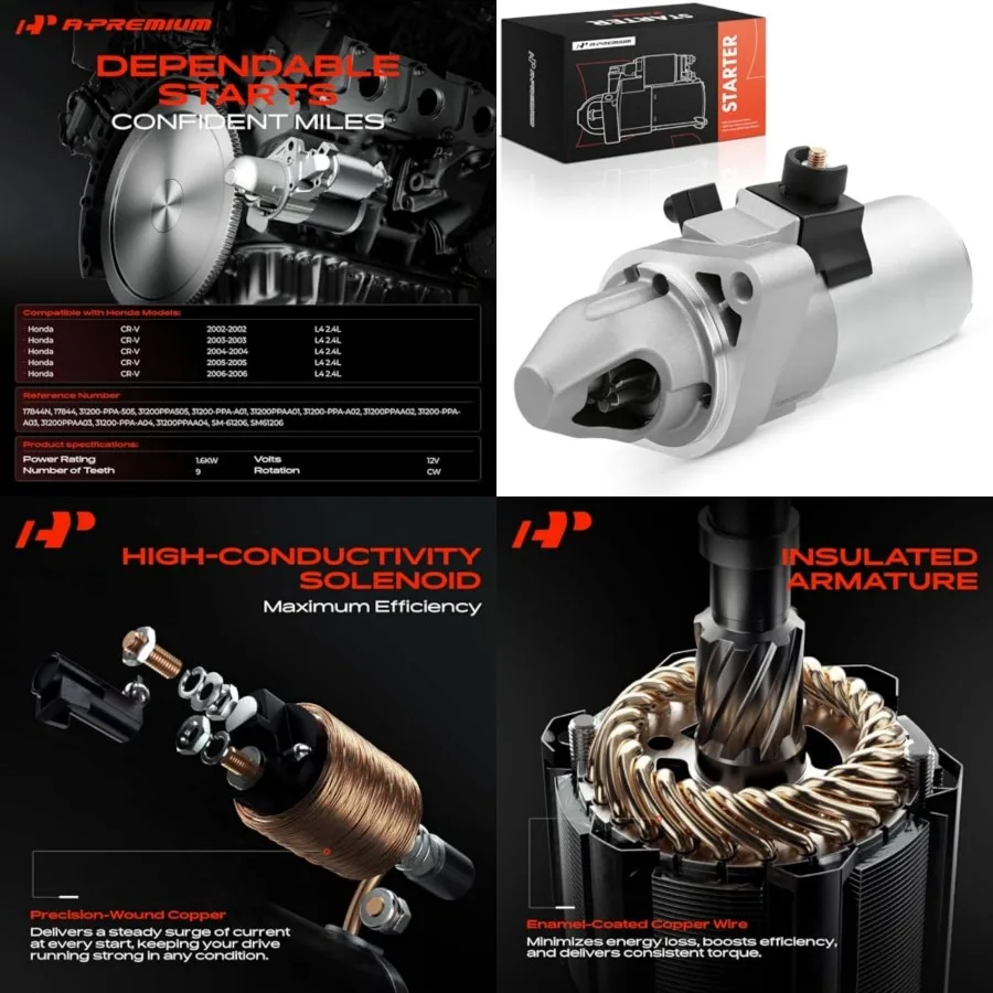

Starter Motor Compatible with Honda Models - CR-V CRV 2002 2003 2004 2005 2006-2.4L L4 Engine -1.6KW 12V 9 Teeth Clockwise -Rep